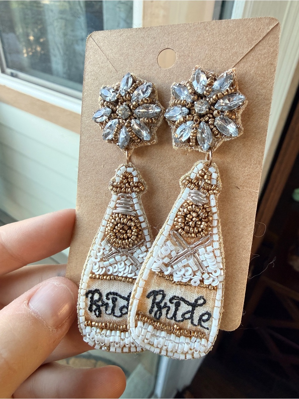Bridal Champagne Bottle Handmade Beaded Earrings - White & Gold